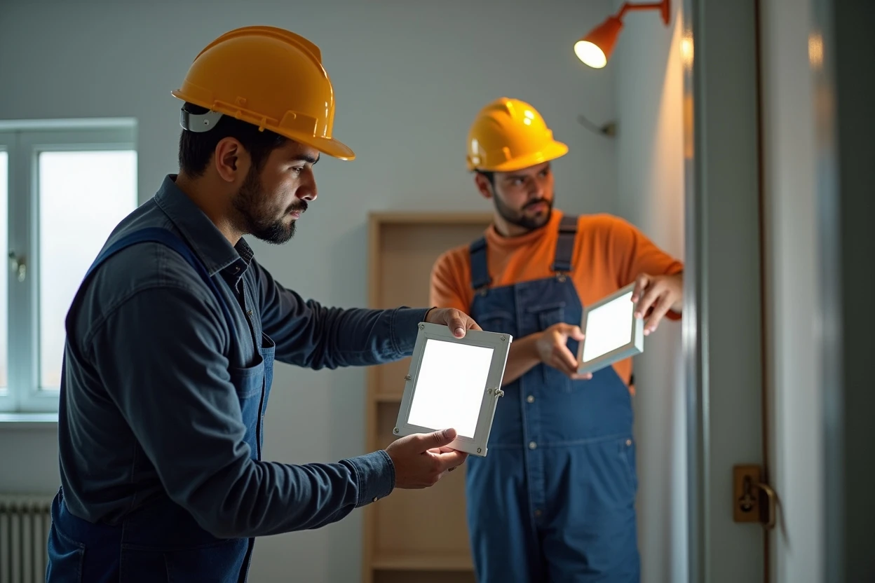 Equipo de iluminación instalando proyectores en un salón